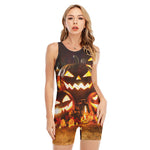 Jack-O'-Lantern Halloween Pumpkin Print Sleeveless One Piece Swimsuit