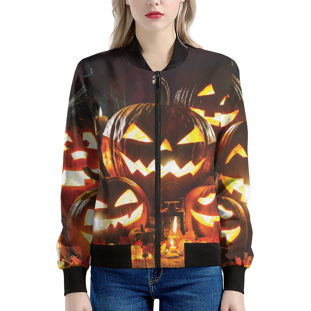 Jack-O'-Lantern Halloween Pumpkin Print Women's Bomber Jacket