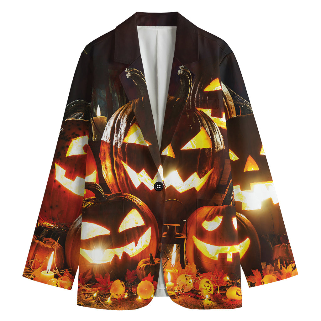 Jack-O'-Lantern Halloween Pumpkin Print Women's Cotton Blazer