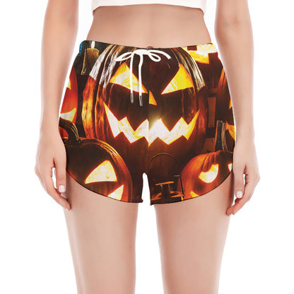 Jack-O'-Lantern Halloween Pumpkin Print Women's Split Running Shorts