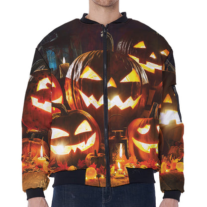 Jack-O'-Lantern Halloween Pumpkin Print Zip Sleeve Bomber Jacket