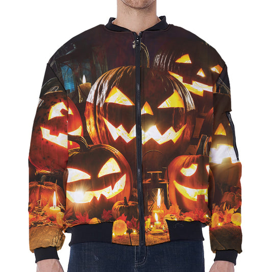 Jack-O'-Lantern Halloween Pumpkin Print Zip Sleeve Bomber Jacket