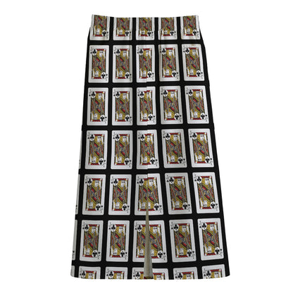 Jack Of Clubs Playing Card Pattern Print Cotton Front Slit Maxi Skirt