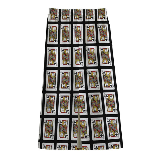 Jack Of Clubs Playing Card Pattern Print Cotton Front Slit Maxi Skirt