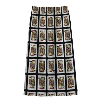 Jack Of Clubs Playing Card Pattern Print Cotton Front Slit Maxi Skirt