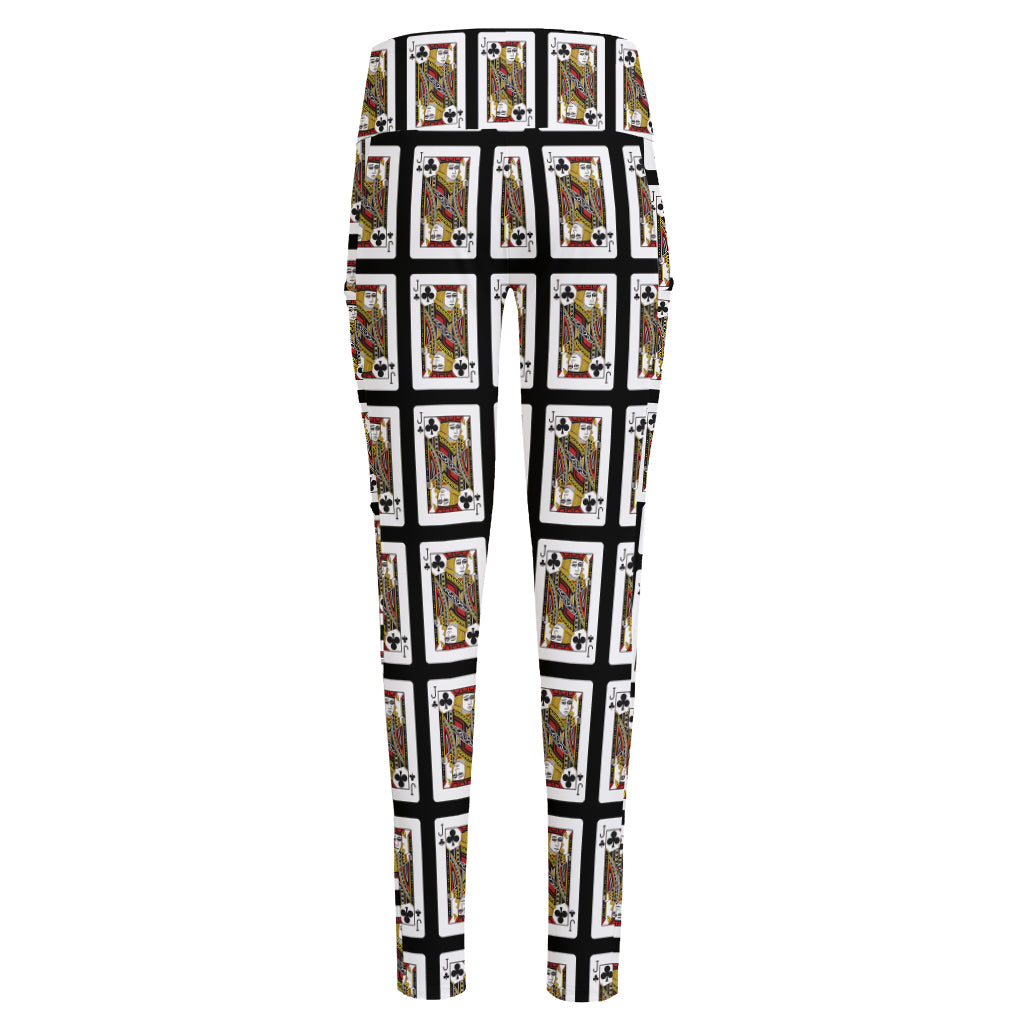 Jack Of Clubs Playing Card Pattern Print High-Waisted Pocket Leggings