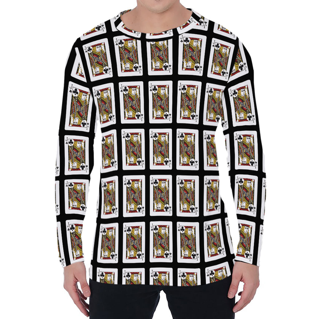 Jack Of Clubs Playing Card Pattern Print Men's Long Sleeve T-Shirt
