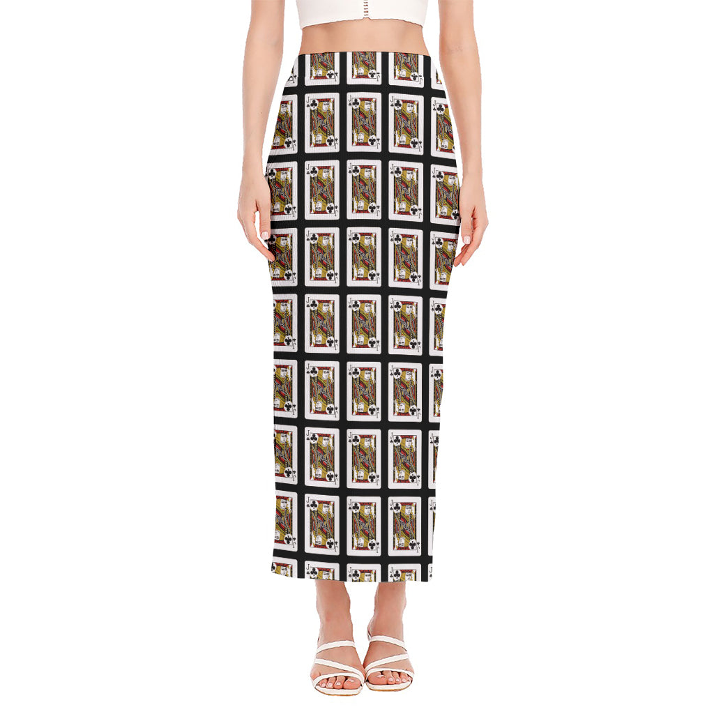 Jack Of Clubs Playing Card Pattern Print Side Slit Maxi Skirt