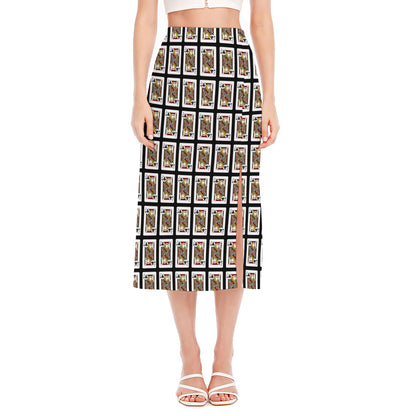 Jack Of Clubs Playing Card Pattern Print Side Slit Midi Skirt