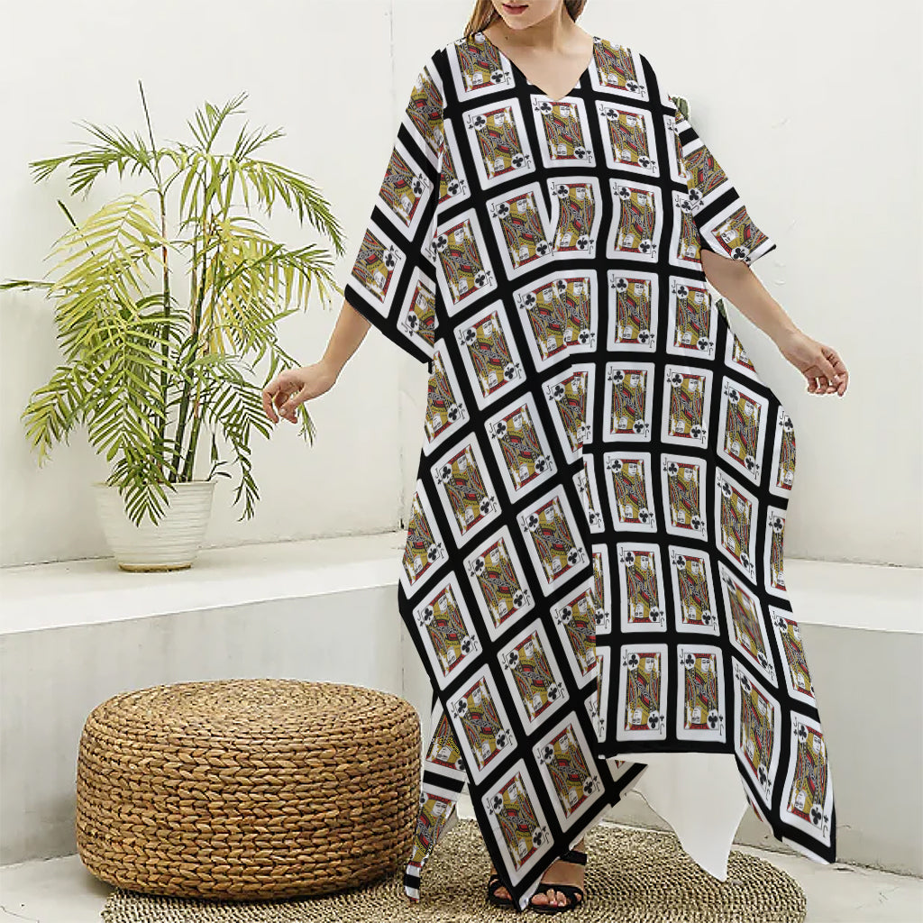 Jack Of Clubs Playing Card Pattern Print Silk V-Neck Kaftan Dress