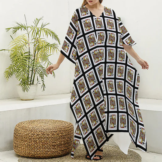 Jack Of Clubs Playing Card Pattern Print Silk V-Neck Kaftan Dress