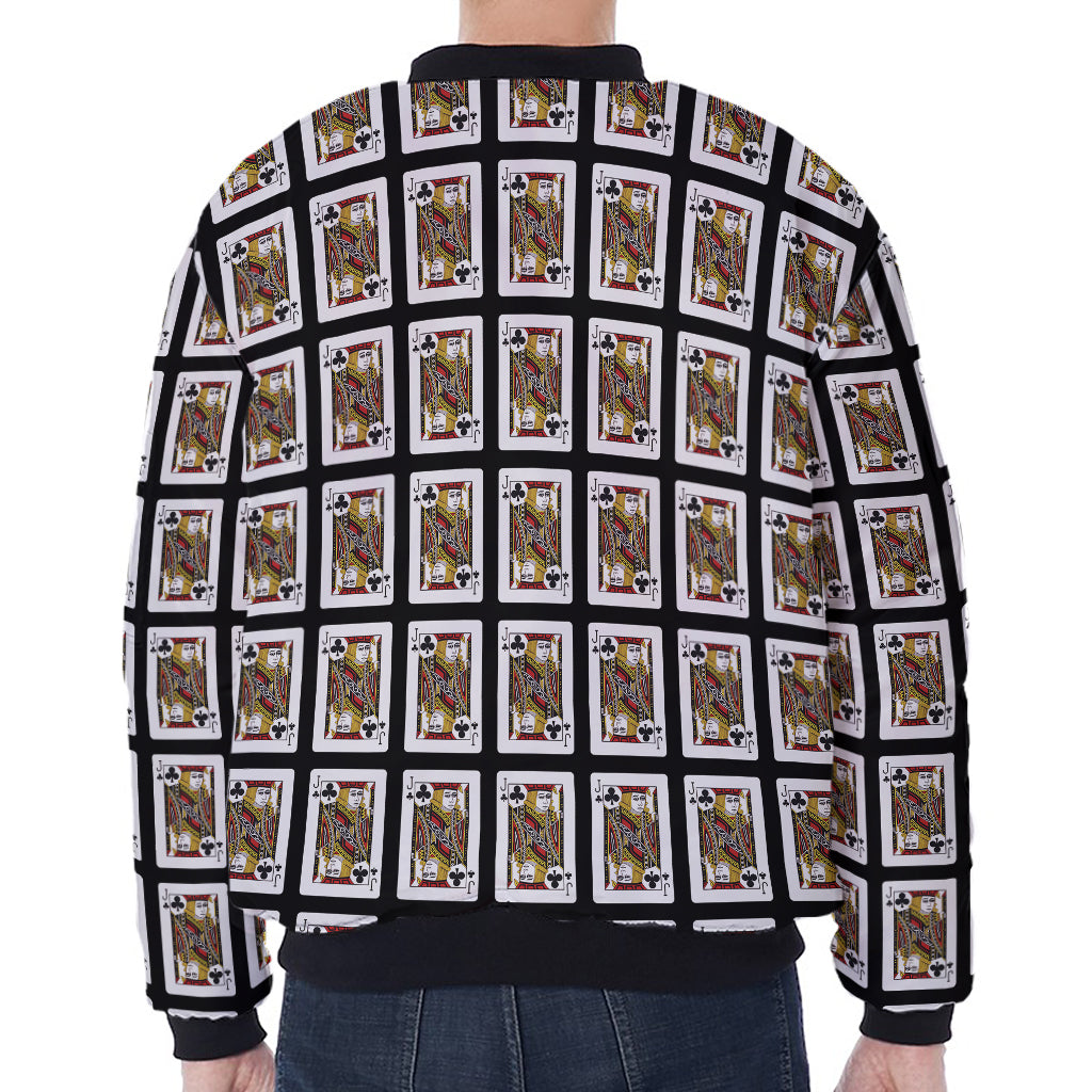Jack Of Clubs Playing Card Pattern Print Zip Sleeve Bomber Jacket