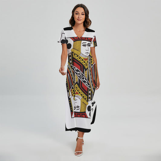 Jack Of Clubs Playing Card Print Short Sleeve Maxi Dress