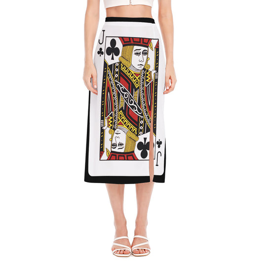 Jack Of Clubs Playing Card Print Side Slit Midi Skirt