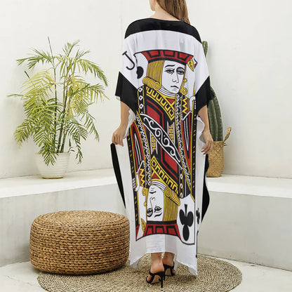 Jack Of Clubs Playing Card Print Silk V-Neck Kaftan Dress