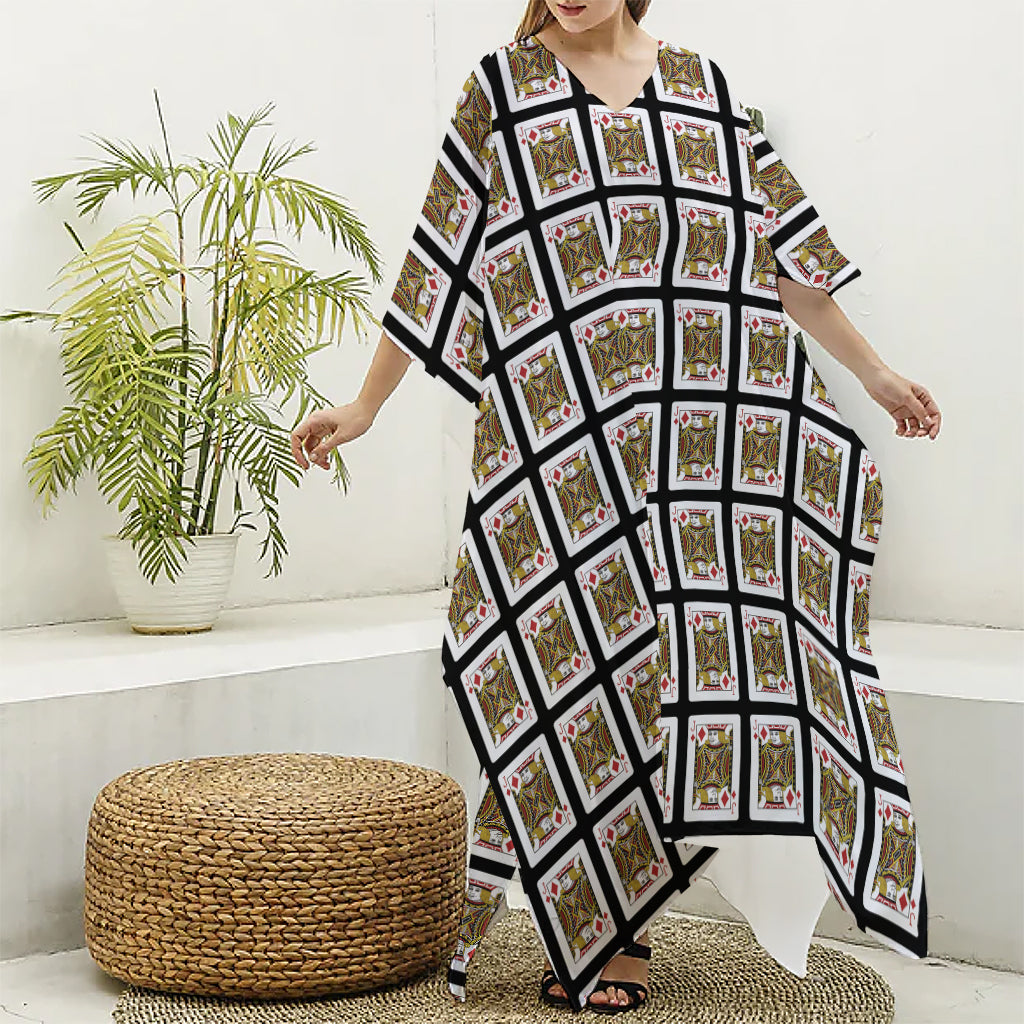 Jack Of Diamonds Pattern Print Silk V-Neck Kaftan Dress