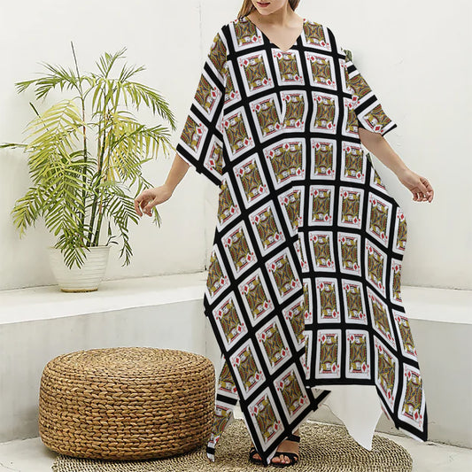 Jack Of Diamonds Pattern Print Silk V-Neck Kaftan Dress