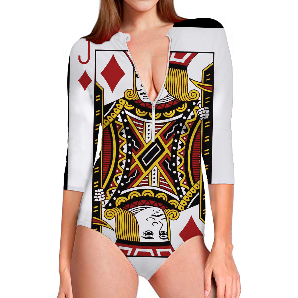 Jack Of Diamonds Playing Card Print Long Sleeve Swimsuit