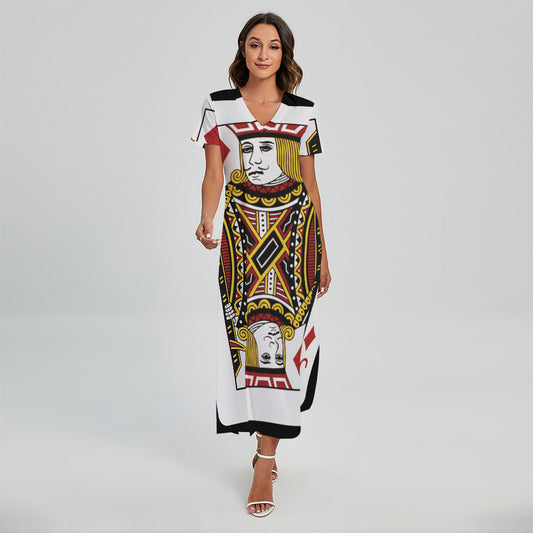 Jack Of Diamonds Playing Card Print Short Sleeve Maxi Dress