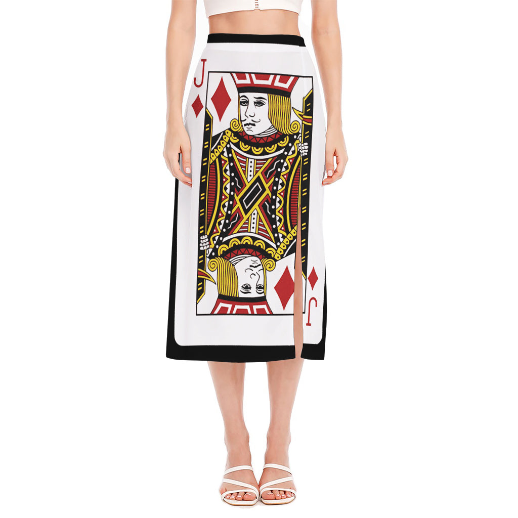 Jack Of Diamonds Playing Card Print Side Slit Midi Skirt
