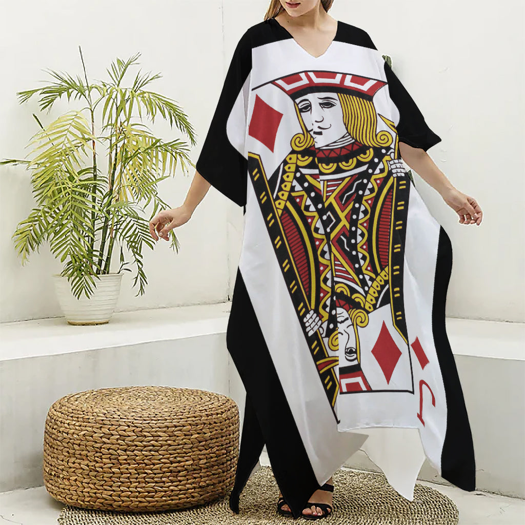 Jack Of Diamonds Playing Card Print Silk V-Neck Kaftan Dress