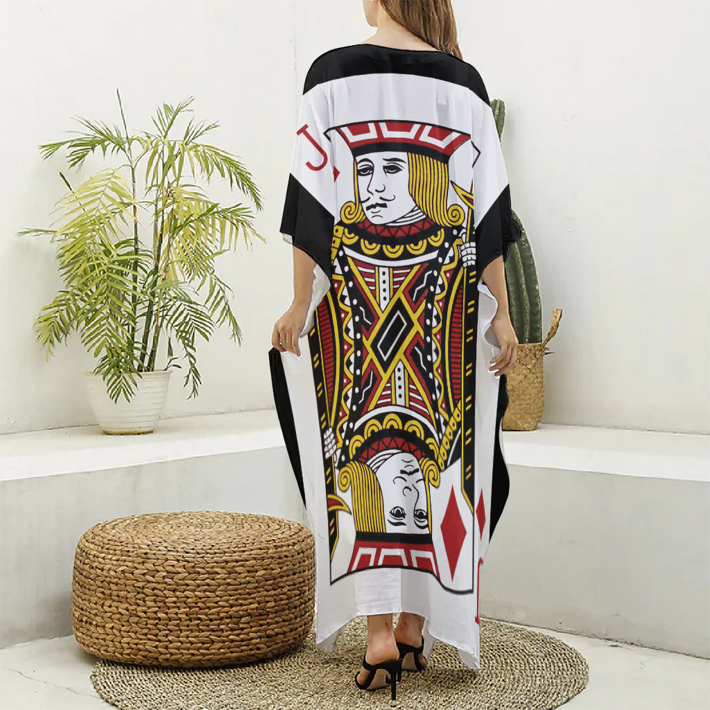 Jack Of Diamonds Playing Card Print Silk V-Neck Kaftan Dress