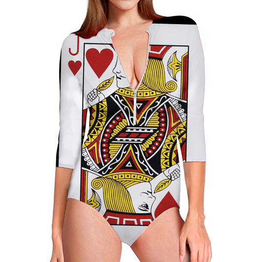 Jack Of Hearts Playing Card Print Long Sleeve Swimsuit