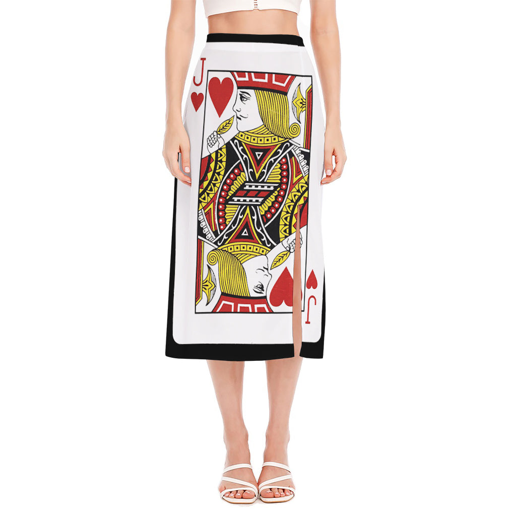 Jack Of Hearts Playing Card Print Side Slit Midi Skirt