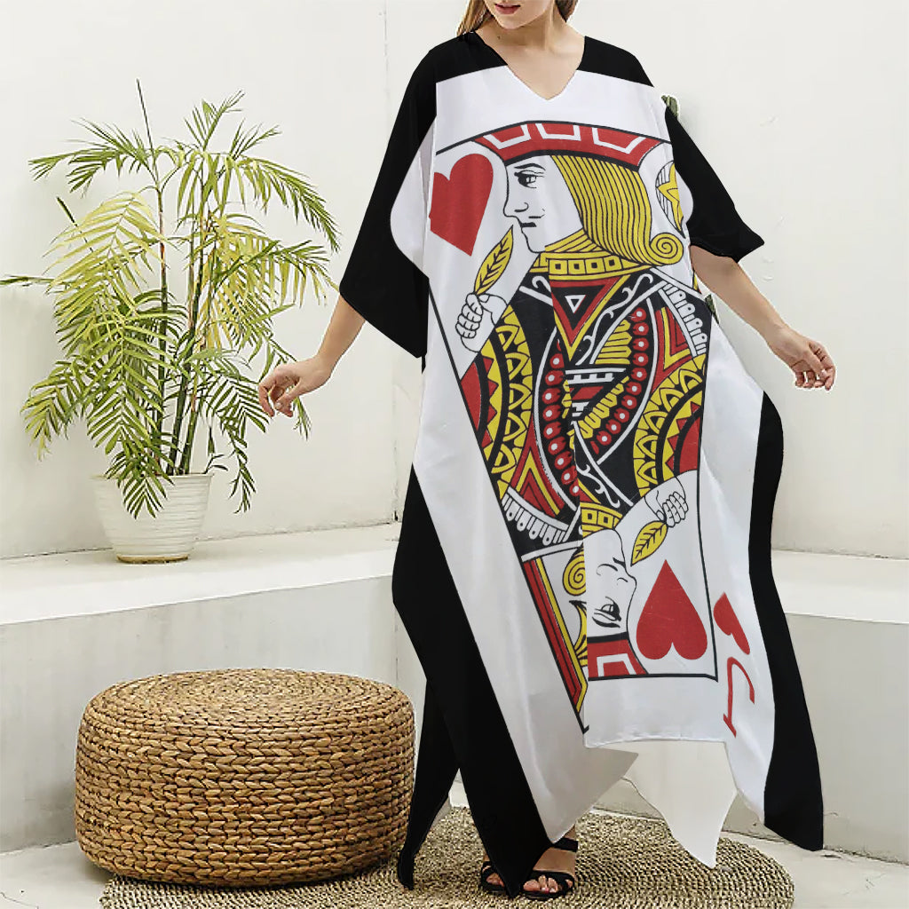 Jack Of Hearts Playing Card Print Silk V-Neck Kaftan Dress