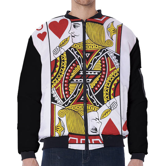 Jack Of Hearts Playing Card Print Zip Sleeve Bomber Jacket