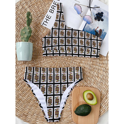 Jack Of Spades Pattern Print One Shoulder Bikini Top