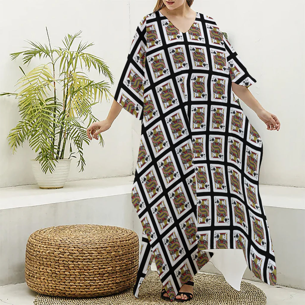 Jack Of Spades Pattern Print Silk V-Neck Kaftan Dress