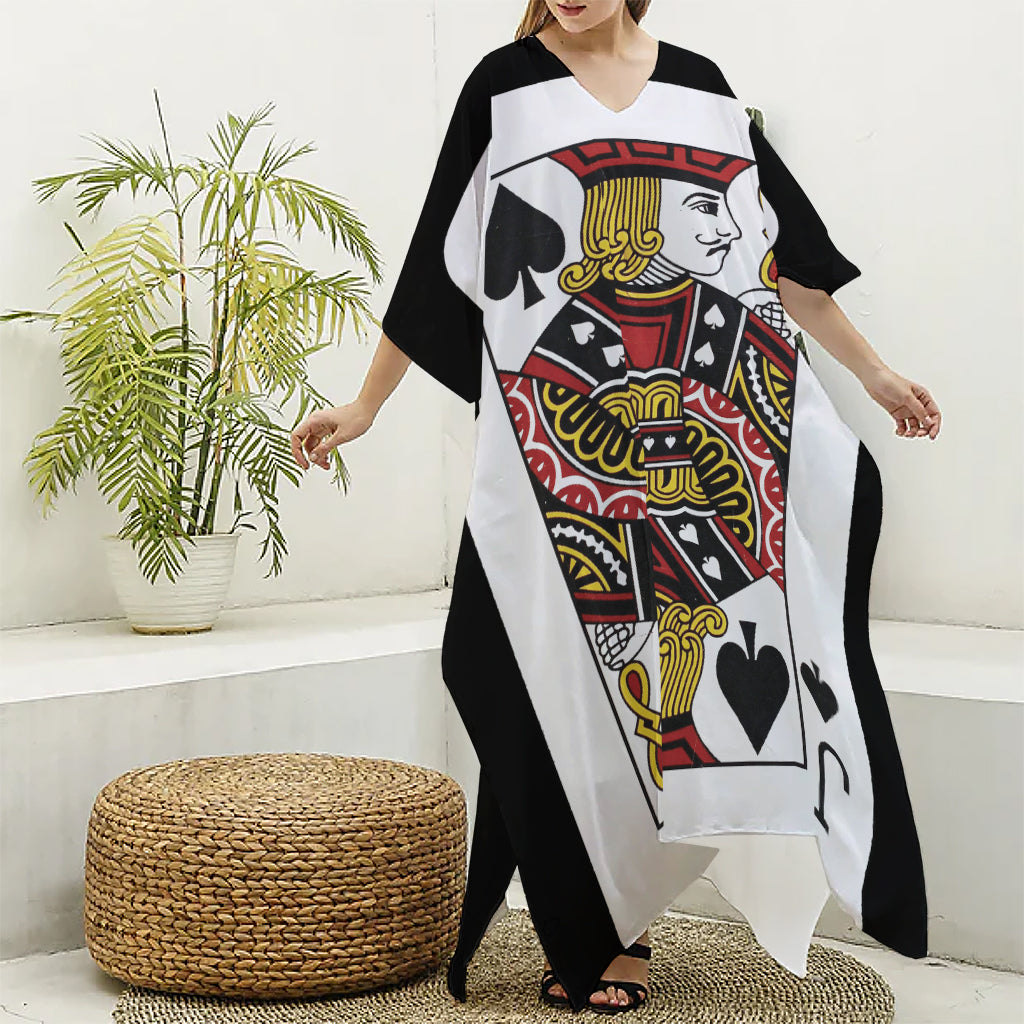 Jack Of Spades Playing Card Print Silk V-Neck Kaftan Dress