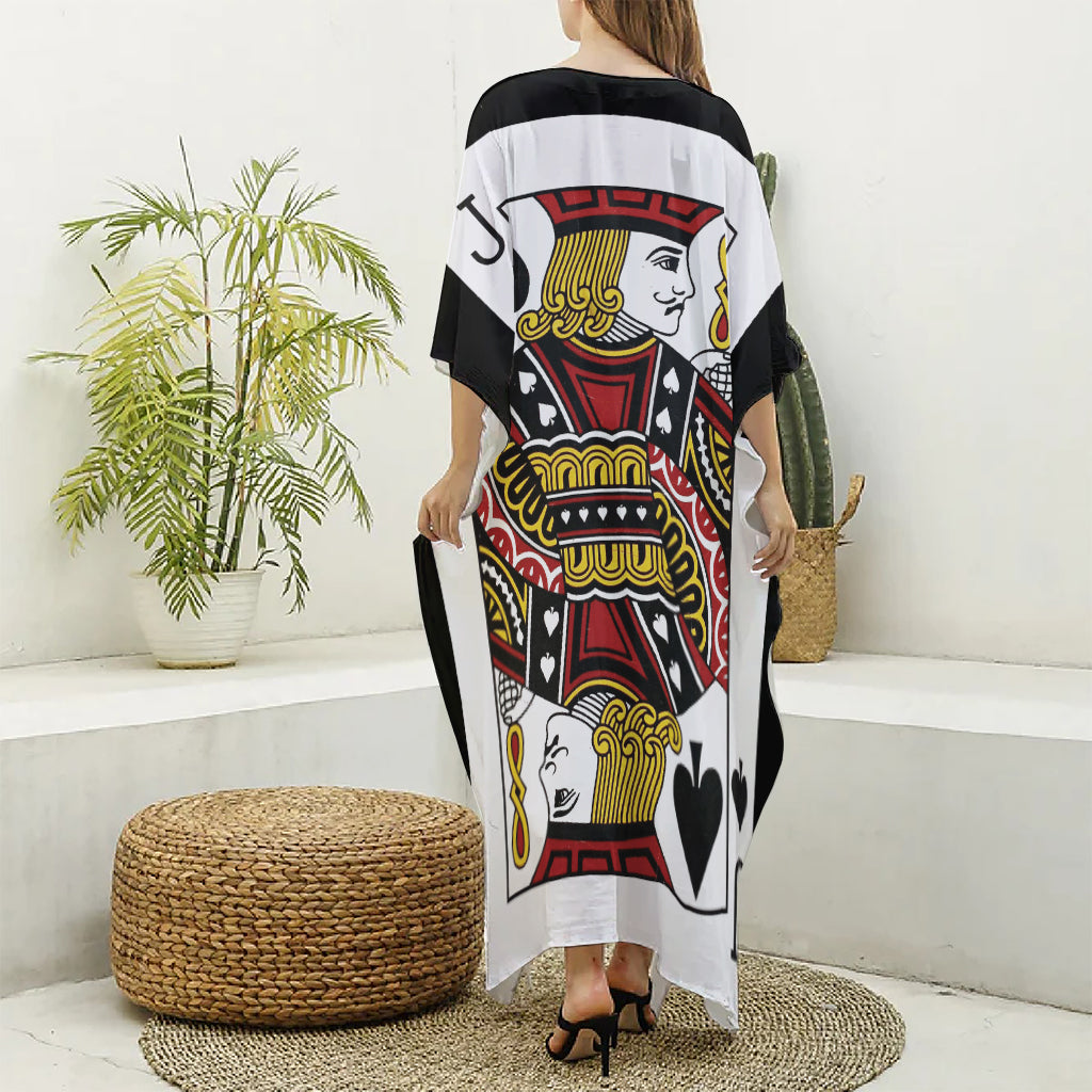 Jack Of Spades Playing Card Print Silk V-Neck Kaftan Dress