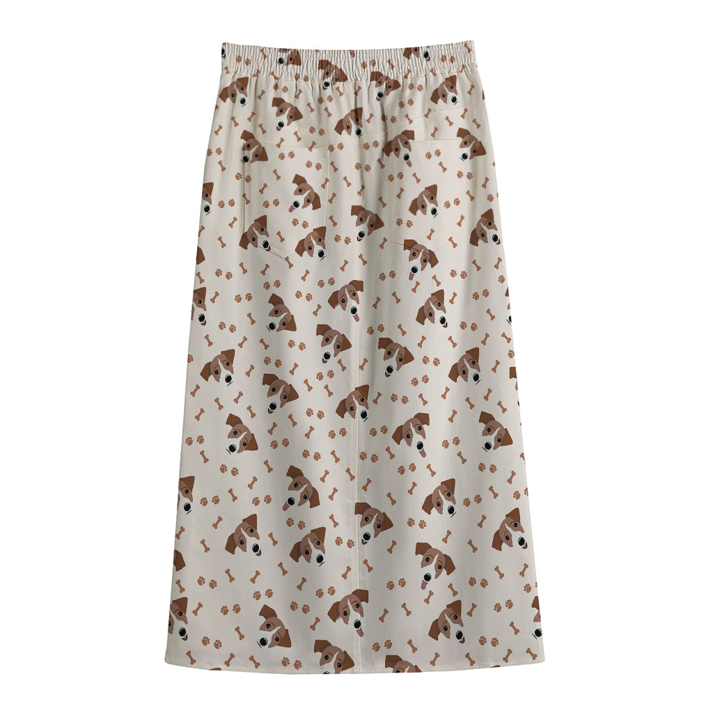 Jack Russell Terrier And Bone Print Cotton Front Slit Maxi Skirt