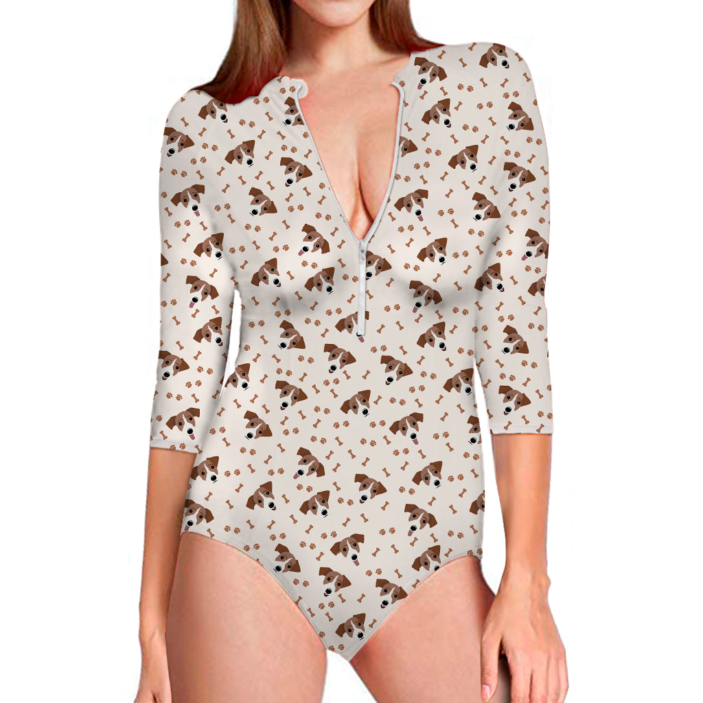 Jack Russell Terrier And Bone Print Long Sleeve Swimsuit