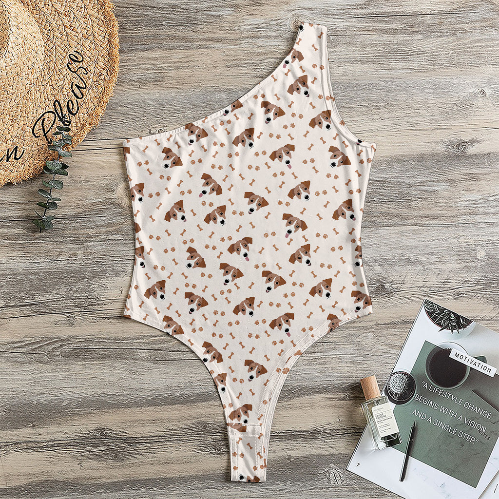 Jack Russell Terrier And Bone Print One Shoulder Bodysuit
