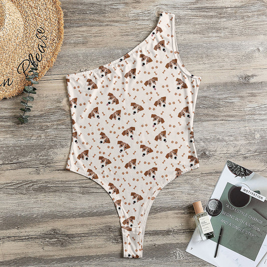 Jack Russell Terrier And Bone Print One Shoulder Bodysuit