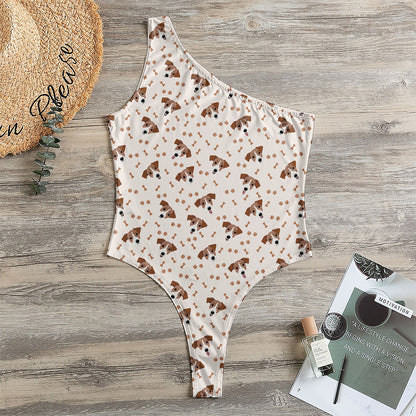 Jack Russell Terrier And Bone Print One Shoulder Bodysuit