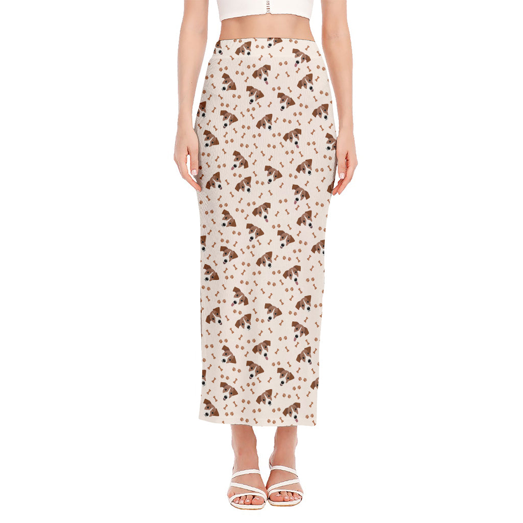 Jack Russell Terrier And Bone Print Side Slit Maxi Skirt