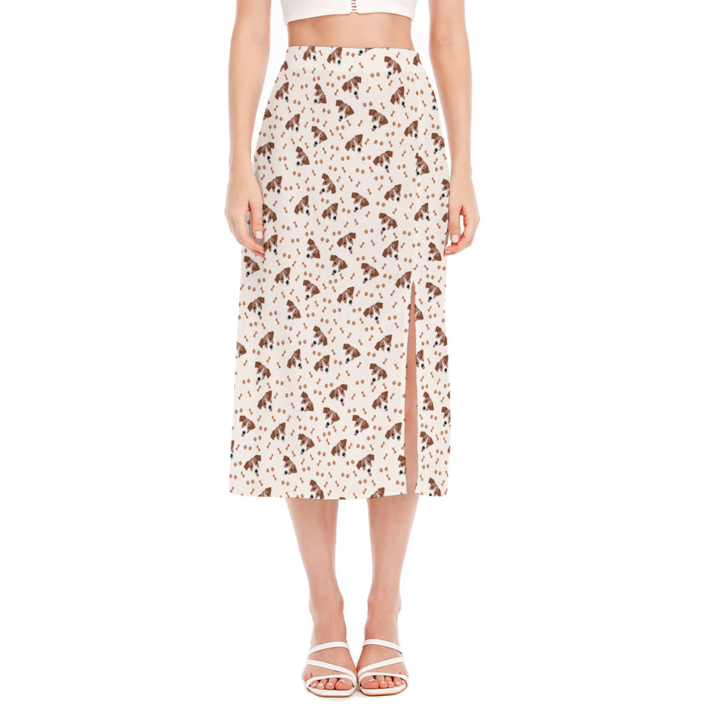 Jack Russell Terrier And Bone Print Side Slit Midi Skirt