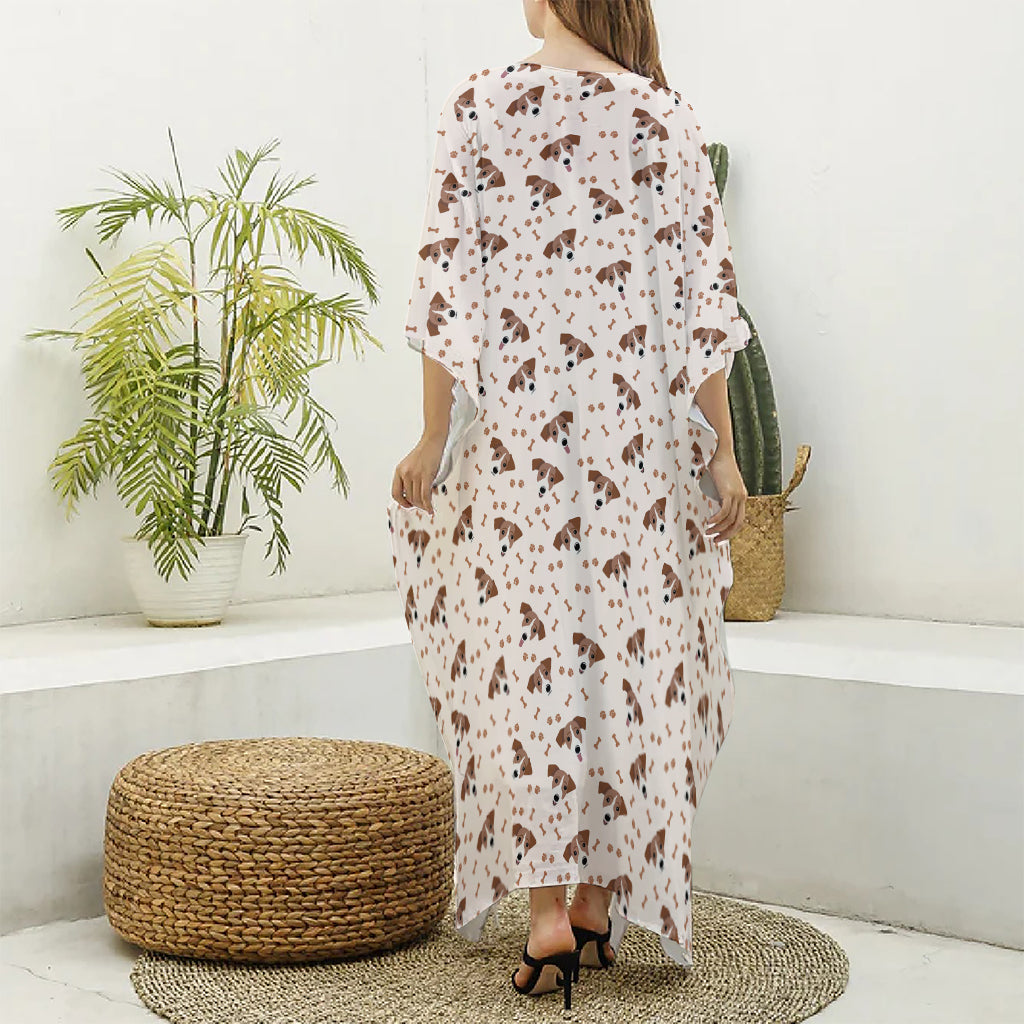 Jack Russell Terrier And Bone Print Silk V-Neck Kaftan Dress