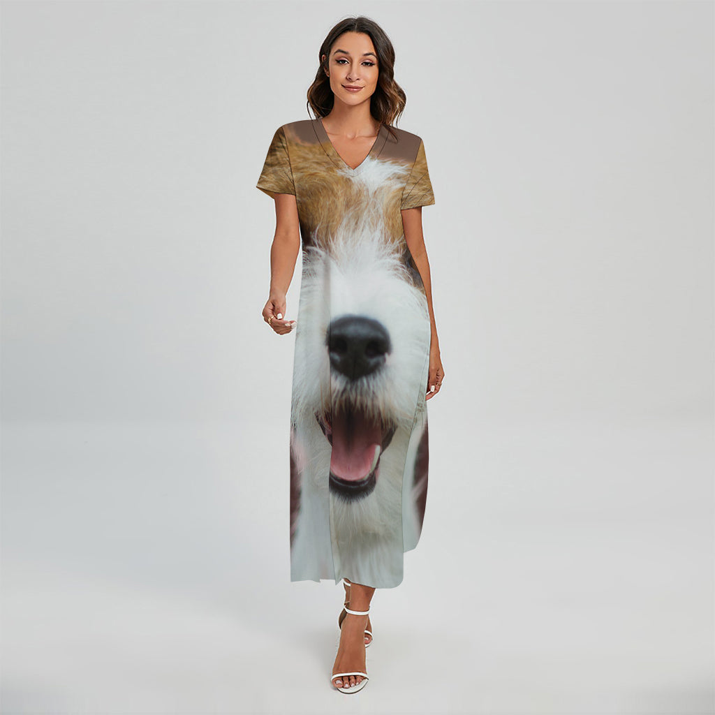 Jack Russell Terrier Portrait Print Short Sleeve Maxi Dress