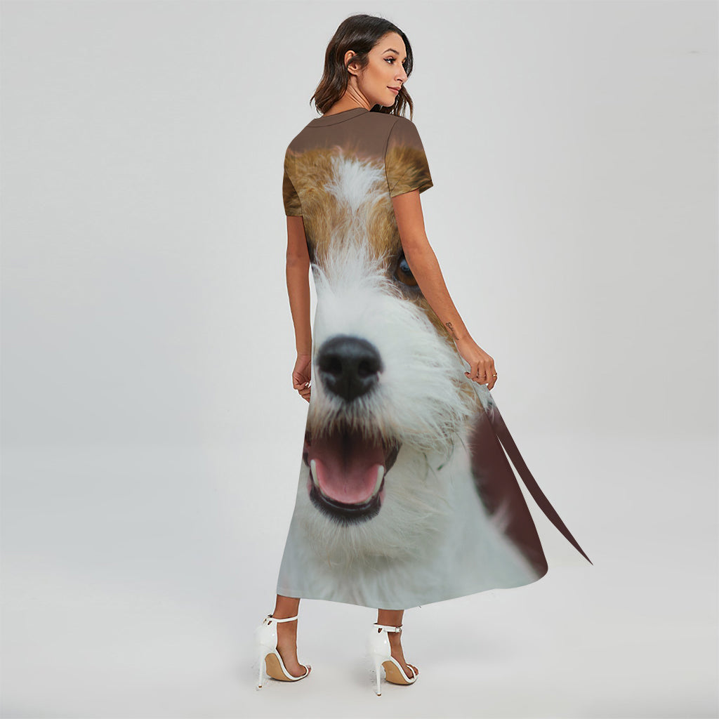 Jack Russell Terrier Portrait Print Short Sleeve Maxi Dress