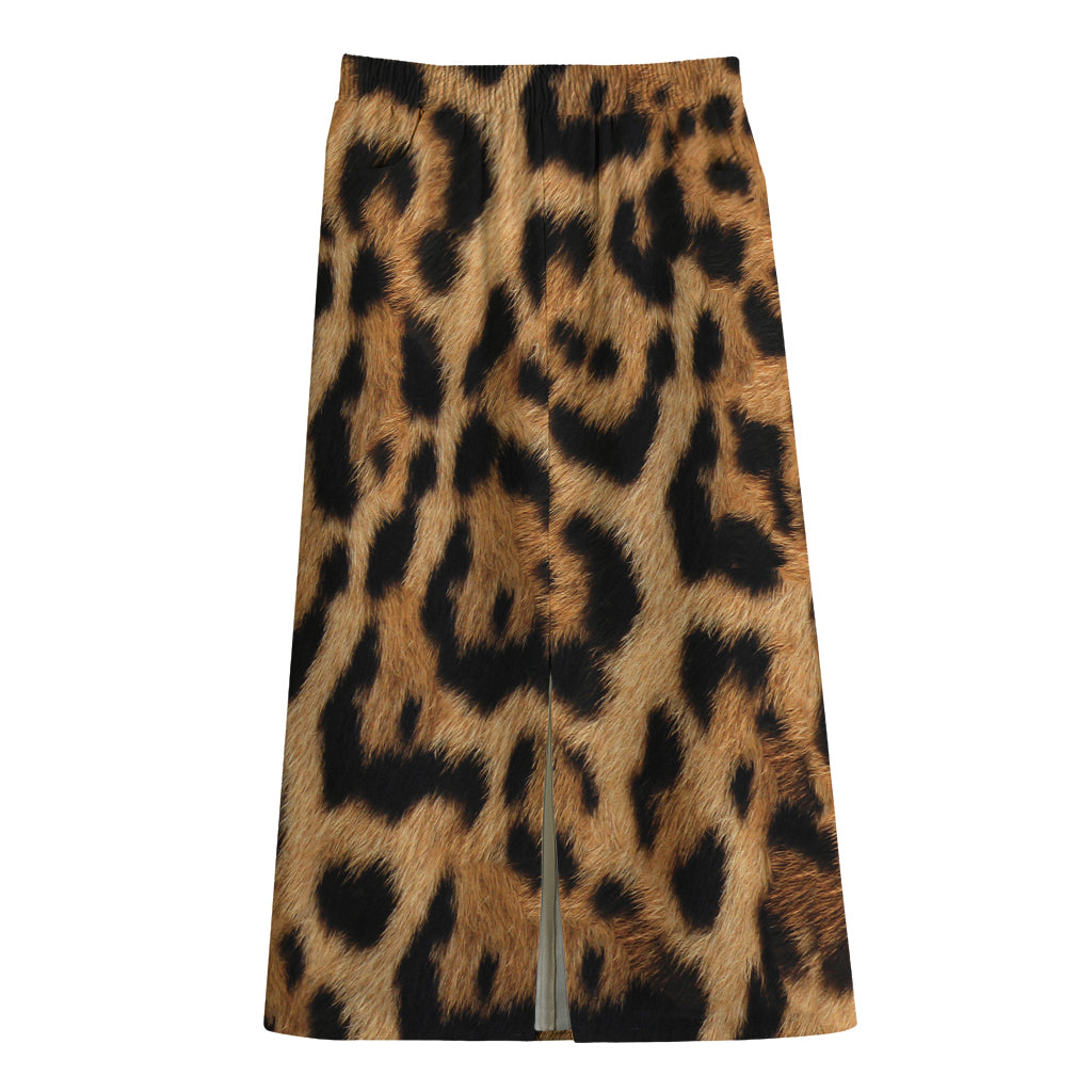 Jaguar Fur Pattern Print Cotton Front Slit Maxi Skirt
