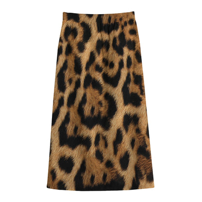 Jaguar Fur Pattern Print Cotton Front Slit Maxi Skirt