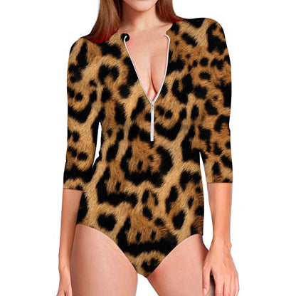 Jaguar Fur Pattern Print Long Sleeve Swimsuit