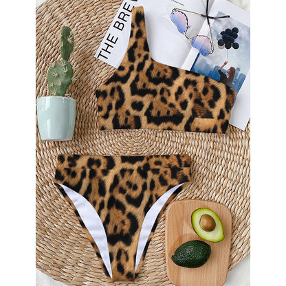 Jaguar Fur Pattern Print One Shoulder Bikini Top