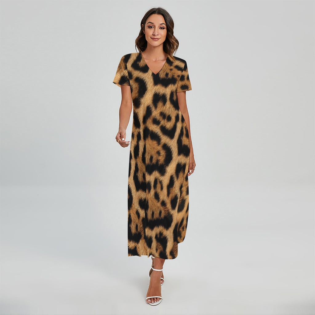 Jaguar Fur Pattern Print Short Sleeve Maxi Dress