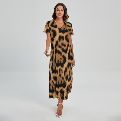 Jaguar Fur Pattern Print Short Sleeve Maxi Dress